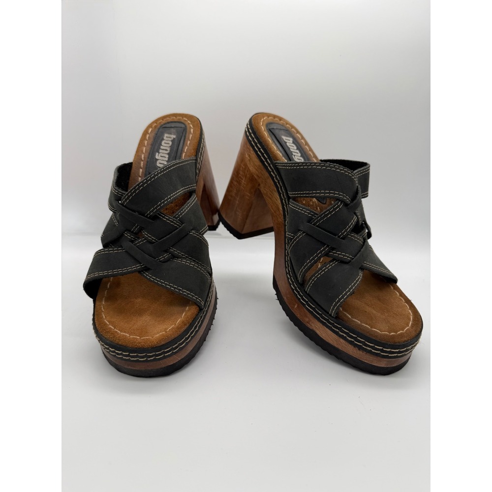 Vintage Platform Bongo Sandals Womens 7 Black Wood Block Heel Woven Leather Good